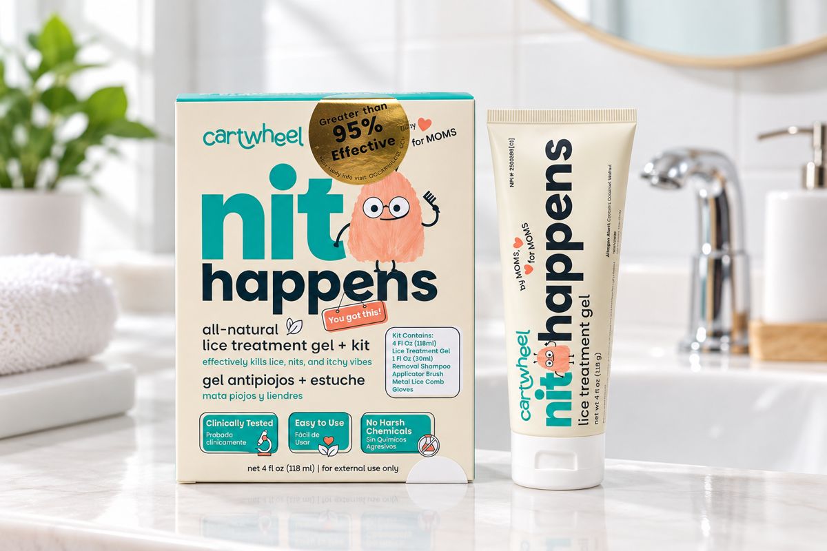Nit Happens kit box and treatment gel on a bathroom counter
